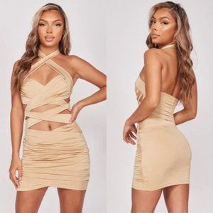 Beige Sleeveless Halter Neck Open Back Backless Cutout Wrap Bodycon Mini Dress